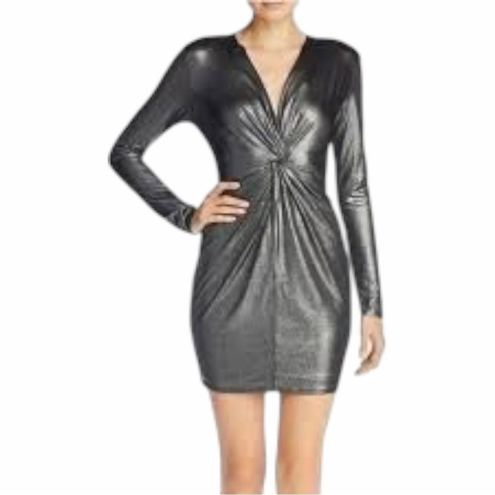 Aqua Twist Front Silver Long Sleeve Mini Dress M NWT